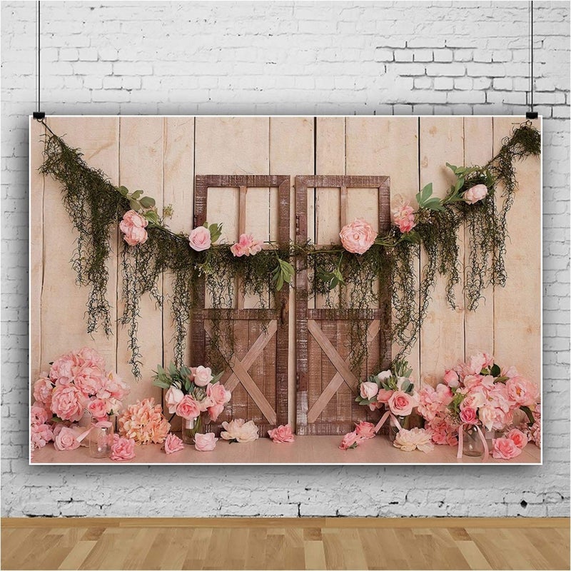 DASHAN 7x5ft Pink Flowers Wood Barn Door Backdrop Wedding Bridal Photography Backdrop Engagement Party Ceremony Photo Background Props for Girl Pink Flowers Wood Tapestry - Image 4